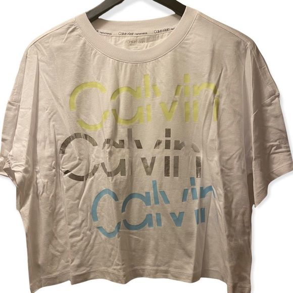 🆕 Calvin Klein Performance Multi Colour Logo Slight Crop Waisted Tee - Picture 3 of 7